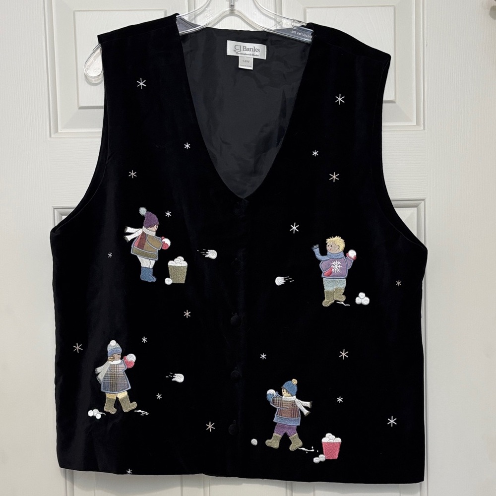 CJ Banks Black Vintage 2003 Button Up Velvet Vest Christmas Snowball SIZE 14W